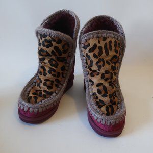 Womens Mou Eskimo Creston Burgundy Leopard Pony Hair Concealed Wedge Bootie 8 *
